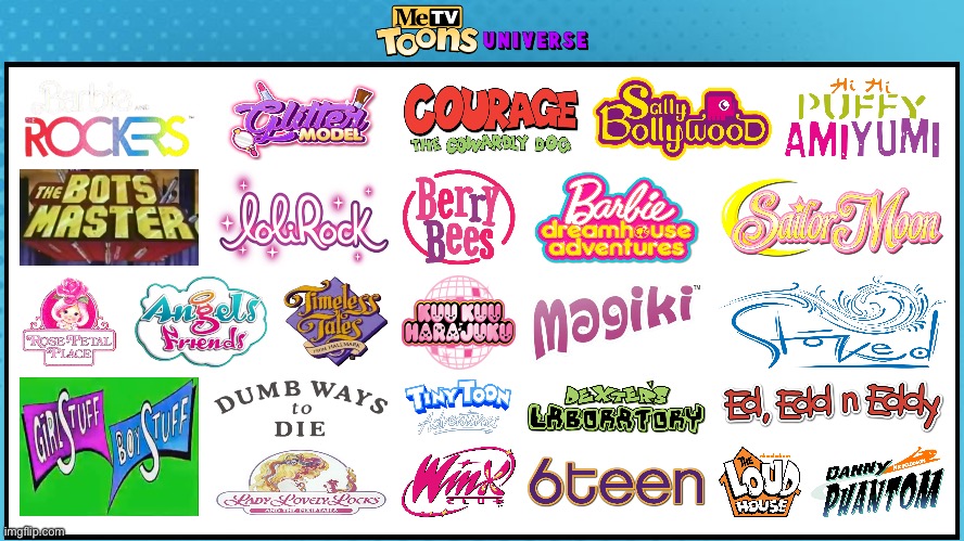 My MeTV Toons Universe | image tagged in sailor moon,ed edd n eddy,the loud house,barbie,dumb ways to die,courage the cowardly dog | made w/ Imgflip meme maker