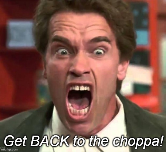 Arnold yelling | Get BACK to the choppa! | image tagged in arnold yelling | made w/ Imgflip meme maker