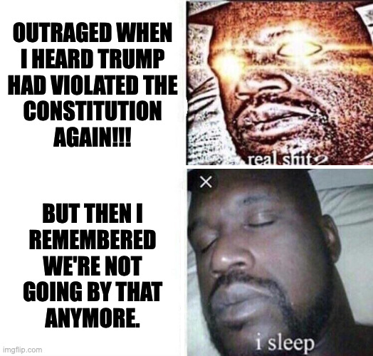 I'm sure you slept fine. | OUTRAGED WHEN
I HEARD TRUMP
HAD VIOLATED THE
CONSTITUTION
AGAIN!!! BUT THEN I
REMEMBERED
WE'RE NOT
GOING BY THAT
ANYMORE. | image tagged in i sleep reverse,memes,trump | made w/ Imgflip meme maker