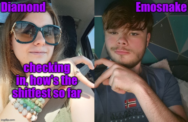 Diamond and ES shared couple temp | checking in, how's the shitfest so far | image tagged in diamond and es shared couple temp | made w/ Imgflip meme maker