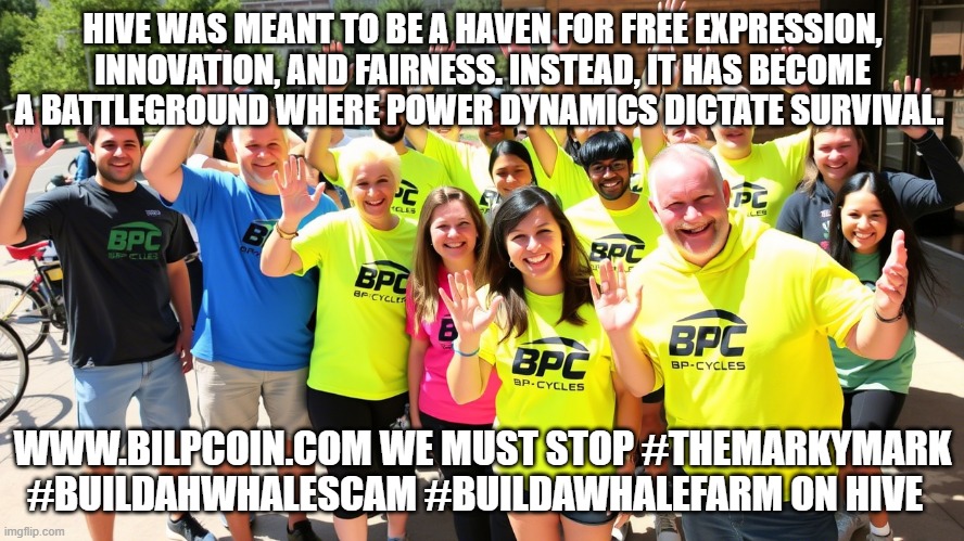 HIVE WAS MEANT TO BE A HAVEN FOR FREE EXPRESSION, INNOVATION, AND FAIRNESS. INSTEAD, IT HAS BECOME A BATTLEGROUND WHERE POWER DYNAMICS DICTATE SURVIVAL. WWW.BILPCOIN.COM WE MUST STOP #THEMARKYMARK #BUILDAHWHALESCAM #BUILDAWHALEFARM ON HIVE | made w/ Imgflip meme maker