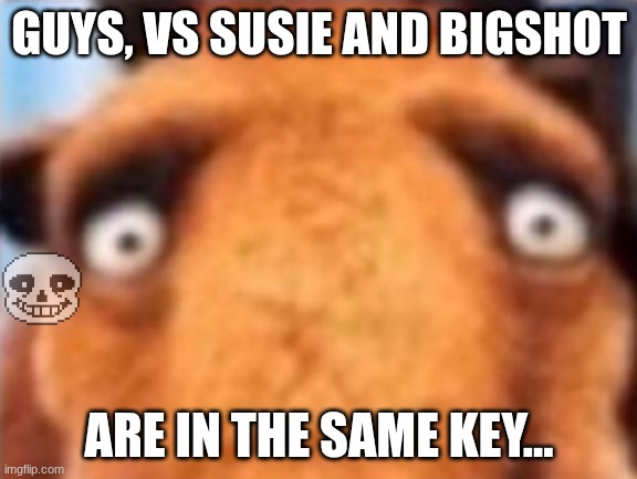 holy [t-shirt] | GUYS, VS SUSIE AND BIGSHOT; ARE IN THE SAME KEY... | image tagged in distressed manfred | made w/ Imgflip meme maker