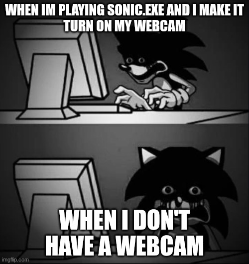 Sonic looks at computer and regrets | WHEN IM PLAYING SONIC.EXE AND I MAKE IT
TURN ON MY WEBCAM; WHEN I DON'T HAVE A WEBCAM | image tagged in sonic looks at computer and regrets | made w/ Imgflip meme maker