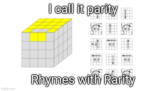 An MLP version of the "rhymes with Grug" meme | I call it parity; Rhymes with Rarity | image tagged in mlp,cubing,why do tags even exist,more tags,blah blah blah,yeah yeah yeah | made w/ Imgflip meme maker