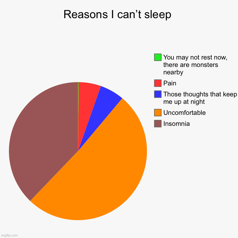 Reasons I can’t sleep | Insomnia, Uncomfortable, Those thoughts that keep me up at night, Pain, You may not rest now, there are monsters nea | image tagged in charts,pie charts | made w/ Imgflip chart maker