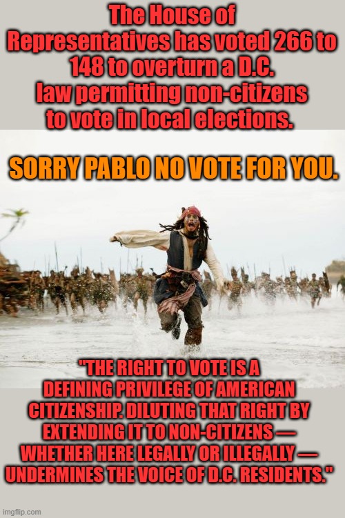 NO VOTE FOR PABLO. | The House of Representatives has voted 266 to 148 to overturn a D.C. law permitting non-citizens to vote in local elections. SORRY PABLO NO VOTE FOR YOU. "THE RIGHT TO VOTE IS A DEFINING PRIVILEGE OF AMERICAN CITIZENSHIP. DILUTING THAT RIGHT BY EXTENDING IT TO NON-CITIZENS — WHETHER HERE LEGALLY OR ILLEGALLY — UNDERMINES THE VOICE OF D.C. RESIDENTS." | image tagged in memes,jack sparrow being chased | made w/ Imgflip meme maker