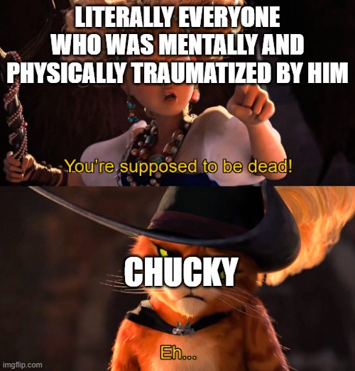 He needs to die. | LITERALLY EVERYONE WHO WAS MENTALLY AND PHYSICALLY TRAUMATIZED BY HIM; CHUCKY | image tagged in you're supposed to be dead | made w/ Imgflip meme maker