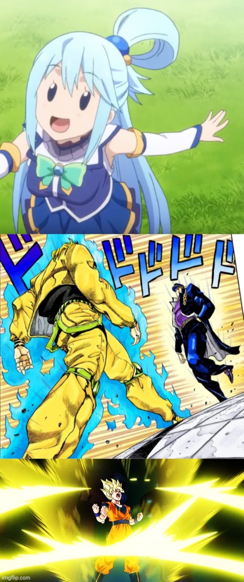 Random because bored | image tagged in kawaii aqua,jojo's walk,son goku power up,bored,a random meme,anime | made w/ Imgflip meme maker