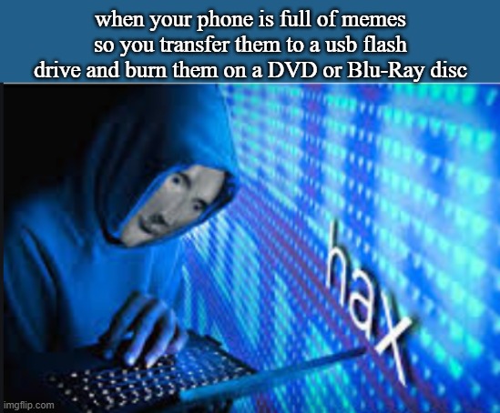 smart thinking huh? | when your phone is full of memes so you transfer them to a usb flash drive and burn them on a DVD or Blu-Ray disc | image tagged in hax | made w/ Imgflip meme maker