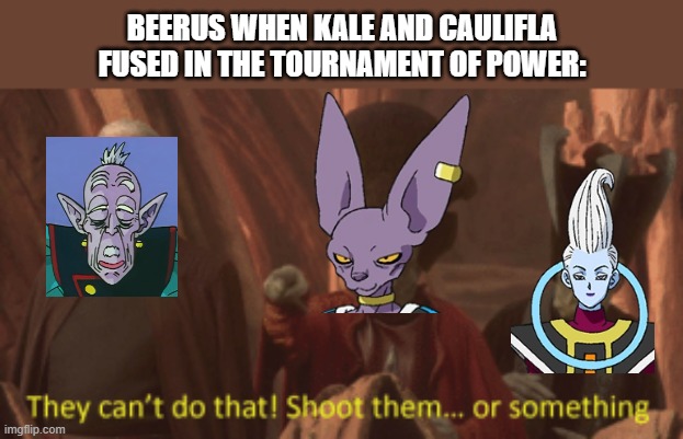 beebus | BEERUS WHEN KALE AND CAULIFLA FUSED IN THE TOURNAMENT OF POWER: | image tagged in they cant do that star wars,beerus,fusion,universe,tournament,anime | made w/ Imgflip meme maker