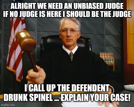 judge | ALRIGHT WE NEED AN UNBIASED JUDGE IF NO JUDGE IS HERE I SHOULD BE THE JUDGE I CALL UP THE DEFENDENT DRUNK SPINEL ... EXPLAIN YOUR CASE! | image tagged in judge | made w/ Imgflip meme maker
