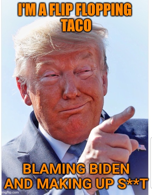 Trump pointing | I'M A FLIP FLOPPING 
TACO BLAMING BIDEN AND MAKING UP S**T | image tagged in trump pointing | made w/ Imgflip meme maker