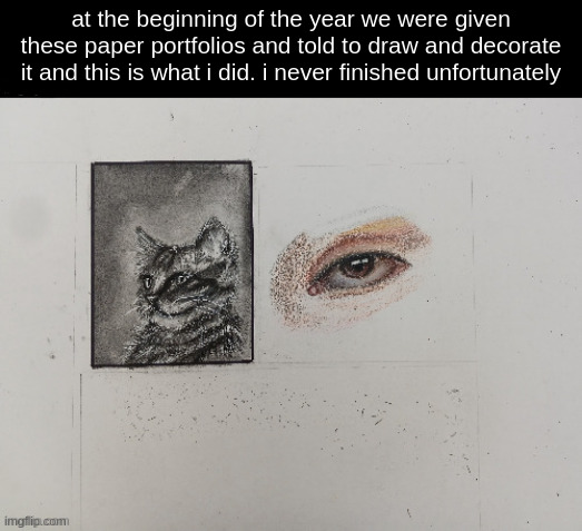 at the beginning of the year we were given these paper portfolios and told to draw and decorate it and this is what i did. i never finished unfortunately | made w/ Imgflip meme maker