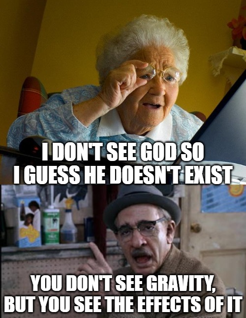 We see the effect of everything God created all around us. Claiming you don't see him so he doesn't exist is a bad argument. | I DON'T SEE GOD SO I GUESS HE DOESN'T EXIST; YOU DON'T SEE GRAVITY, BUT YOU SEE THE EFFECTS OF IT | image tagged in memes,grandma finds the internet,ah haaaa,christiansonly,god exists | made w/ Imgflip meme maker