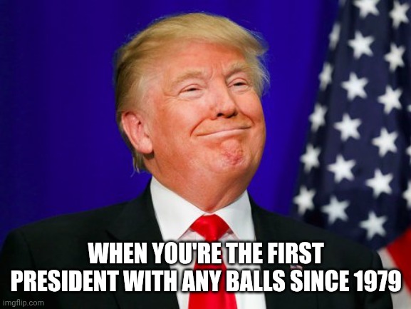 Trump Smile | WHEN YOU'RE THE FIRST PRESIDENT WITH ANY BALLS SINCE 1979 | image tagged in trump smile | made w/ Imgflip meme maker