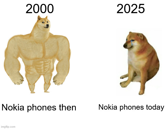 Nokia then and now | 2000; 2025; Nokia phones then; Nokia phones today | image tagged in memes,buff doge vs cheems | made w/ Imgflip meme maker