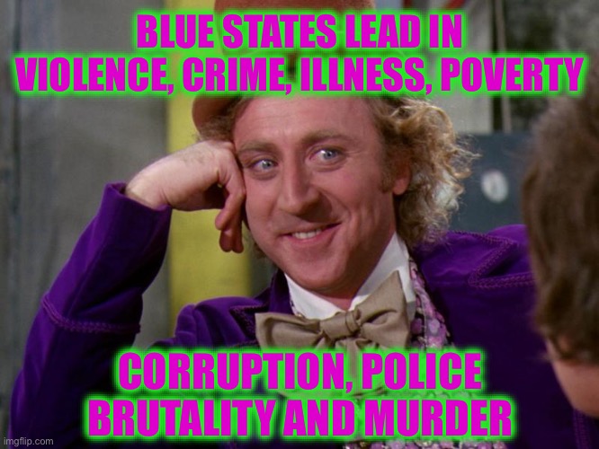 charlie-chocolate-factory | BLUE STATES LEAD IN VIOLENCE, CRIME, ILLNESS, POVERTY CORRUPTION, POLICE BRUTALITY AND MURDER | image tagged in charlie-chocolate-factory | made w/ Imgflip meme maker