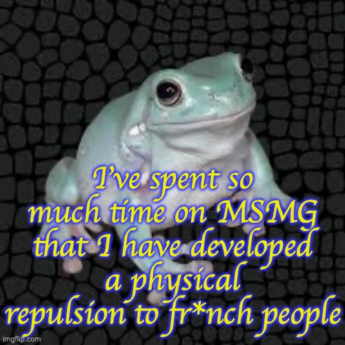 And fr*nch culture | I've spent so much time on MSMG that I have developed a physical repulsion to fr*nch people | image tagged in white's tree frog | made w/ Imgflip meme maker
