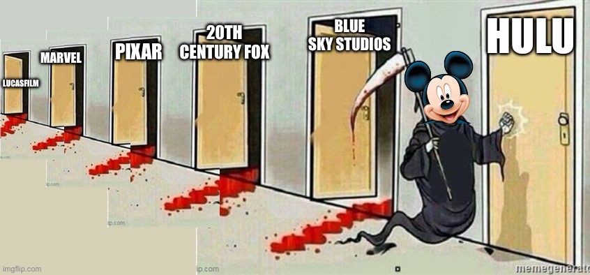 Grim Reaper Knocking on Door Extended | BLUE SKY STUDIOS; HULU; 20TH CENTURY FOX; PIXAR; MARVEL; LUCASFILM | image tagged in grim reaper knocking on door extended | made w/ Imgflip meme maker