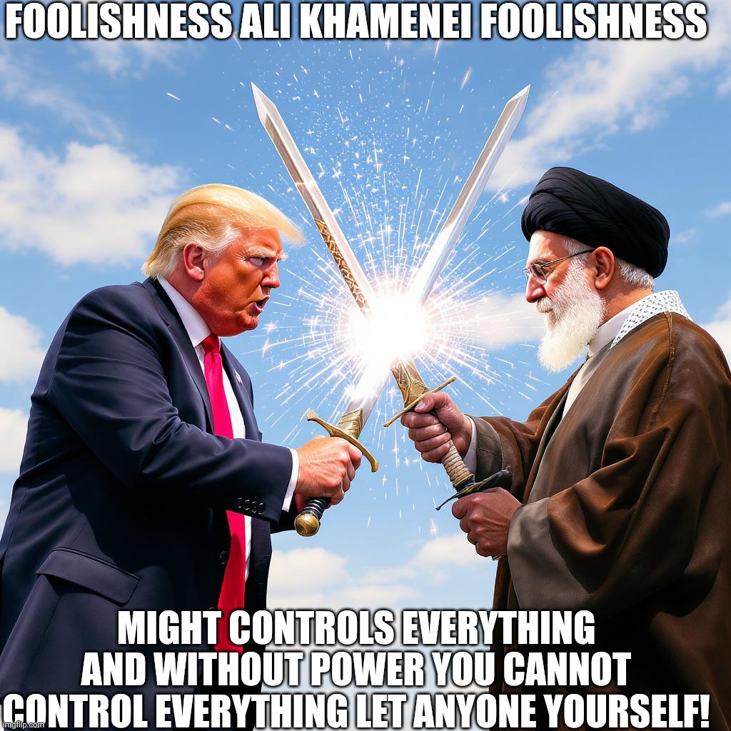 Trump vs Ali khamenei | FOOLISHNESS ALI KHAMENEI FOOLISHNESS; MIGHT CONTROLS EVERYTHING AND WITHOUT POWER YOU CANNOT CONTROL EVERYTHING LET ANYONE YOURSELF! | image tagged in trump vs ali khamenei | made w/ Imgflip meme maker