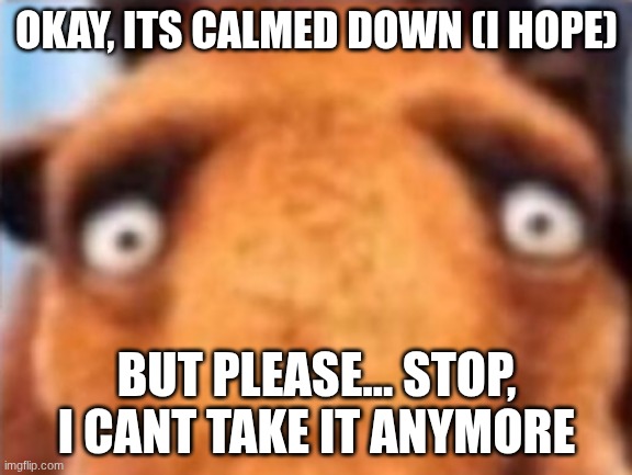 distressed manfred | OKAY, ITS CALMED DOWN (I HOPE); BUT PLEASE... STOP, I CANT TAKE IT ANYMORE | image tagged in distressed manfred,sans of topic | made w/ Imgflip meme maker