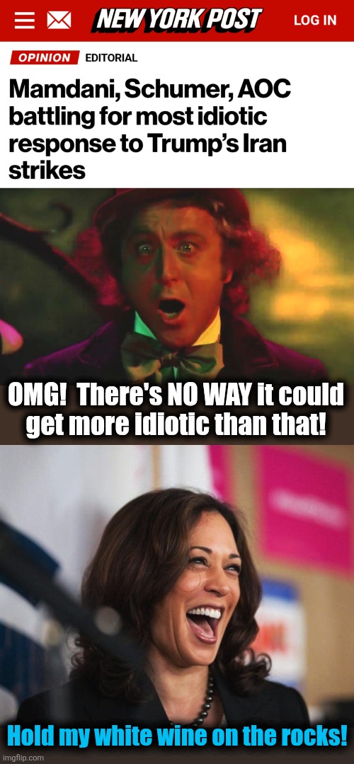 The ringer! | OMG!  There's NO WAY it could
get more idiotic than that! Hold my white wine on the rocks! | image tagged in insane wonka,cackling kamala harris,idiotic,democrats,iran,trump derangement syndrome | made w/ Imgflip meme maker