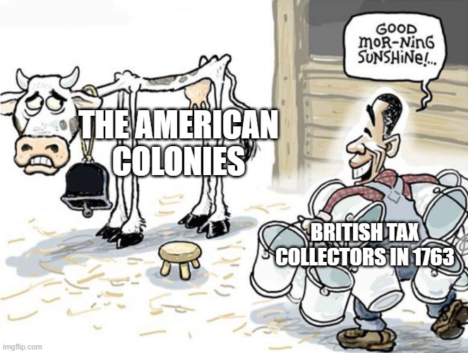 Tax acts in a nutshell | THE AMERICAN COLONIES; BRITISH TAX COLLECTORS IN 1763 | image tagged in milking the cow | made w/ Imgflip meme maker
