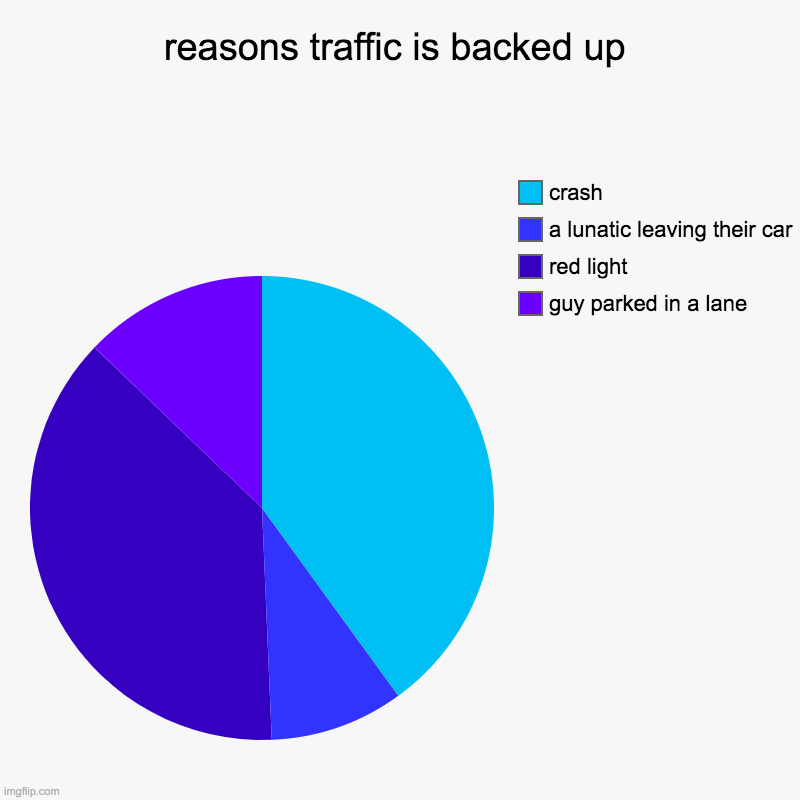 reasons traffic is backed up | guy parked in a lane, red light, a lunatic leaving their car, crash | image tagged in charts,pie charts | made w/ Imgflip chart maker
