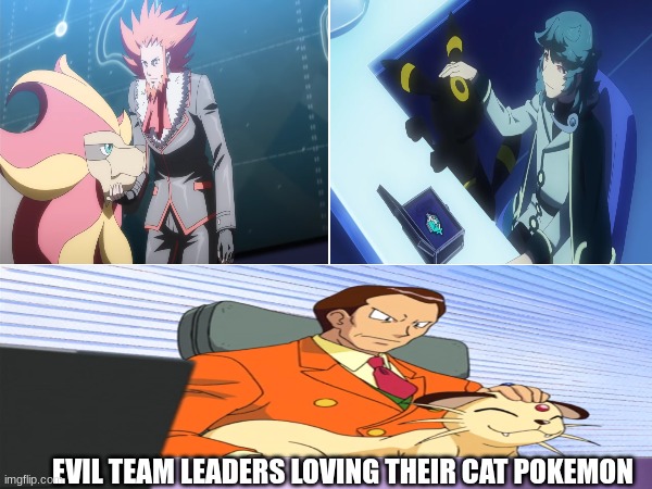 Villain cliche | EVIL TEAM LEADERS LOVING THEIR CAT POKEMON | image tagged in pokemon,memes,funny,anime,cats | made w/ Imgflip meme maker