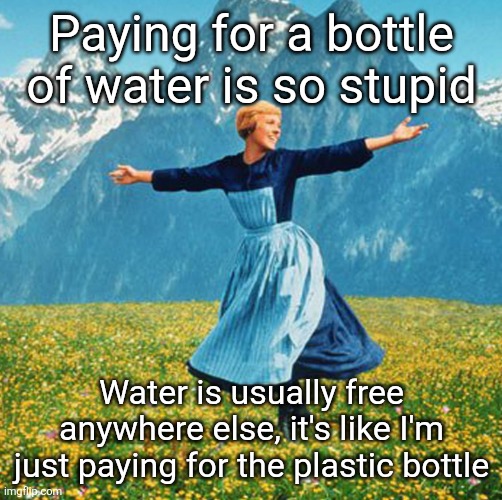 Woman in flowers | Paying for a bottle of water is so stupid; Water is usually free anywhere else, it's like I'm just paying for the plastic bottle | image tagged in woman in flowers | made w/ Imgflip meme maker