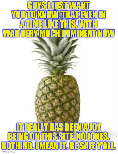 Sethamphetamine announcement temp | GUYS I JUST WANT YOU TO KNOW, THAT EVEN IN A TIME LIKE THIS, WITH WAR VERY MUCH IMMINENT NOW; IT REALLY HAS BEEN A JOY BEING ON THIS SITE. NO JOKES. NOTHING. I MEAN IT. BE SAFE Y'ALL. | image tagged in sethamphetamine announcement temp | made w/ Imgflip meme maker