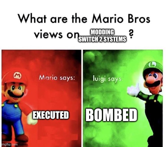 Mario Bros Views | MODDING SWITCH 2 SYSTEMS; EXECUTED; BOMBED | image tagged in mario bros views | made w/ Imgflip meme maker