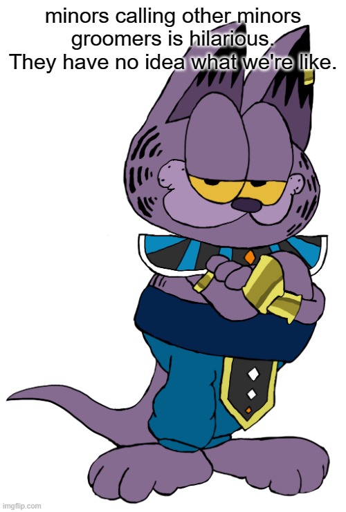 Beerfield | minors calling other minors groomers is hilarious. They have no idea what we're like. | image tagged in garfield beerus | made w/ Imgflip meme maker