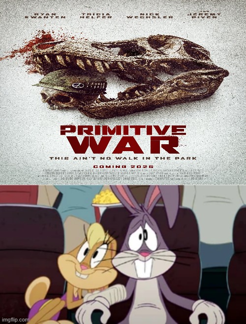Bugs And Lola Go See Primitive War | image tagged in bugs and lola go see x,primitive war,dinosaur,horror,dinosaurs,dinosaur horror | made w/ Imgflip meme maker