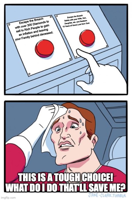 Hard Choice. | Escape the Breach Safely with your Wife, Son, Daughter, etc. and Redeem 10 Years of Good Luck from God. Escape the Breach with over 300 Diamonds to sell to Rich People to gain an inflation and leaving your Family behind deceased. THIS IS A TOUGH CHOICE! WHAT DO I DO THAT’LL SAVE ME? | image tagged in memes,two buttons,fun | made w/ Imgflip meme maker