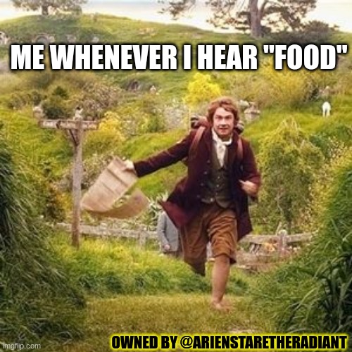 Making Hobbit memes ? | ME WHENEVER I HEAR "FOOD"; OWNED BY @ARIENSTARETHERADIANT | image tagged in hobbit adventure | made w/ Imgflip meme maker