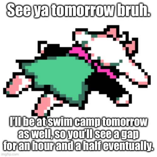 meh. | See ya tomorrow bruh. I’ll be at swim camp tomorrow as well, so you’ll see a gap for an hour and a half eventually. | image tagged in ralsei squished | made w/ Imgflip meme maker