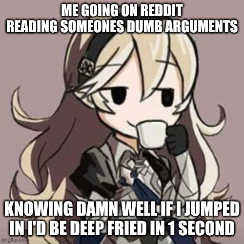 Sometimes adults are babies | ME GOING ON REDDIT READING SOMEONES DUMB ARGUMENTS; KNOWING DAMN WELL IF I JUMPED IN I'D BE DEEP FRIED IN 1 SECOND | image tagged in smug corrin | made w/ Imgflip meme maker