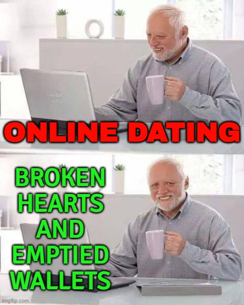 Broken Hearts (And Emptied Wallets) | ONLINE DATING; BROKEN
HEARTS
AND
EMPTIED
WALLETS | image tagged in memes,hide the pain harold,scam,online dating,internet dating,dating sucks | made w/ Imgflip meme maker