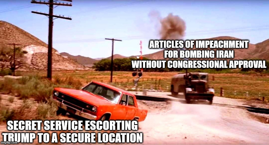 Articles of Impeachment | ARTICLES OF IMPEACHMENT FOR BOMBING IRAN WITHOUT CONGRESSIONAL APPROVAL; SECRET SERVICE ESCORTING TRUMP TO A SECURE LOCATION | image tagged in duel | made w/ Imgflip meme maker
