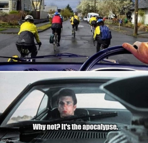 Max vs the ? dicks | Why not? It's the apocalypse. | image tagged in funny | made w/ Imgflip meme maker