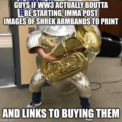 you're welcome | GUYS IF WW3 ACTUALLY BOUTTA BE STARTING, IMMA POST IMAGES OF SHREK ARMBANDS TO PRINT; AND LINKS TO BUYING THEM | image tagged in tuba defender | made w/ Imgflip meme maker