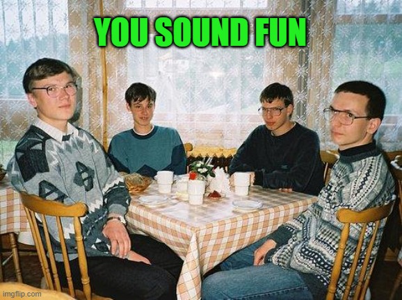 nerd party | YOU SOUND FUN | image tagged in nerd party | made w/ Imgflip meme maker