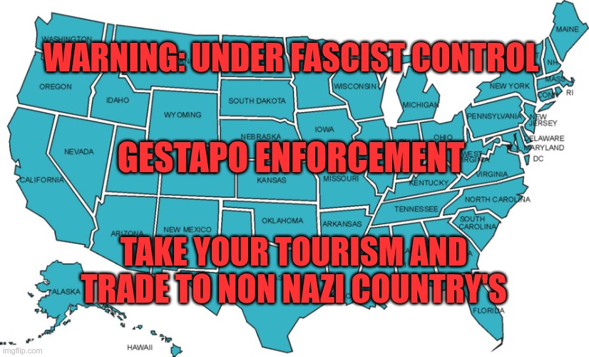 Warning to the world | WARNING: UNDER FASCIST CONTROL; GESTAPO ENFORCEMENT; TAKE YOUR TOURISM AND TRADE TO NON NAZI COUNTRY'S | image tagged in trump,gop,maga,nazis,fascist,warning | made w/ Imgflip meme maker