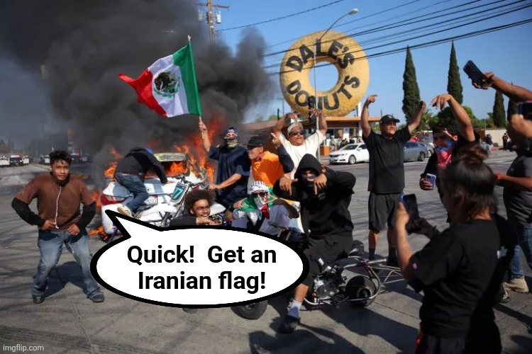2025 Los Angeles (LA) riot protest | Quick!  Get an
Iranian flag! | image tagged in 2025 los angeles la riot protest | made w/ Imgflip meme maker