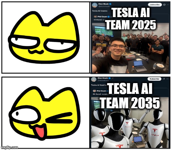 tesla ai team | TESLA AI TEAM 2025; TESLA AI TEAM 2035 | image tagged in stoopid cats,tesla,ai meme,be stoopid,crypto meme | made w/ Imgflip meme maker