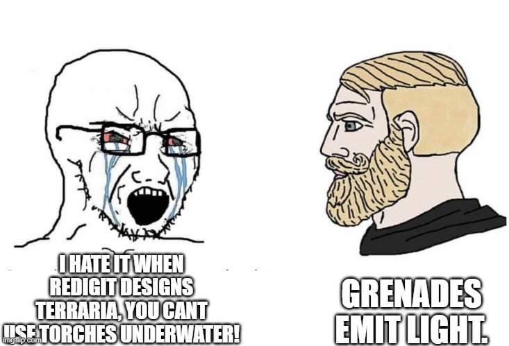 you can use grenades underwater and also a few mage weapons and no; Stars dont emit light. | GRENADES EMIT LIGHT. I HATE IT WHEN REDIGIT DESIGNS TERRARIA, YOU CANT USE TORCHES UNDERWATER! | image tagged in soyboy vs yes chad | made w/ Imgflip meme maker