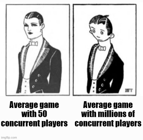 Im looking at you grow a garden | Average game with 50 concurrent players; Average game with millions of concurrent players | image tagged in how you think you look like vs how you really look like | made w/ Imgflip meme maker
