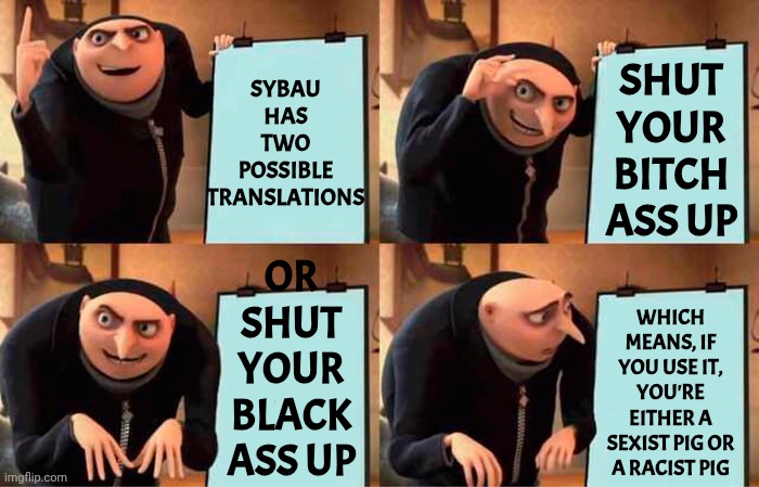 Some Things Are Better Left Unsaid | SHUT YOUR BITCH ASS UP; SYBAU
HAS
TWO
POSSIBLE
TRANSLATIONS; OR
SHUT YOUR BLACK ASS UP; WHICH MEANS, IF YOU USE IT, YOU'RE EITHER A SEXIST PIG OR A RACIST PIG | image tagged in memes,gru's plan,knowledge is power,things you say that make you look bad,racism,sexism | made w/ Imgflip meme maker