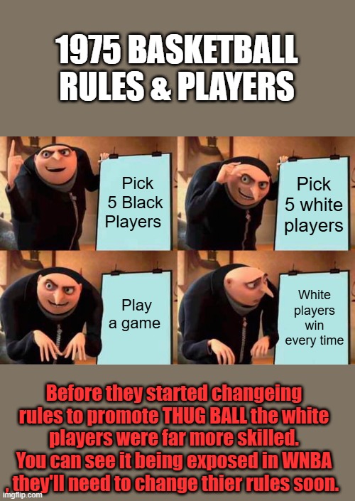 And thats why they Hate Katlin & other white players in WNBA, NWO sports is all there is, no real sports anymore | 1975 BASKETBALL RULES & PLAYERS; Pick 5 Black Players; Pick 5 white players; Play a game; White players win every time; Before they started changeing rules to promote THUG BALL the white players were far more skilled. You can see it being exposed in WNBA , they'll need to change thier rules soon. | image tagged in memes,gru's plan | made w/ Imgflip meme maker
